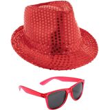Carnaval verkleed setje - glitter pailletten hoedje en party zonnebril - rood - volwassenen