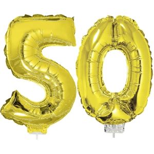 50 jaar leeftijd feestartikelen/versiering cijfers ballonnen op stokje van 41 cm - Combi van cijfer 50 in het goud