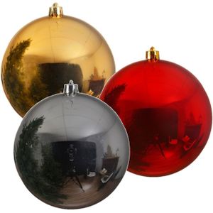 3x Grote kerstballen rood goud en zilver van 25 cm glans van kunststof - Winkel/etalage kerstversiering