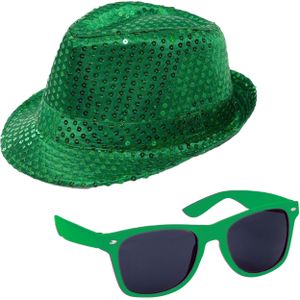 Carnaval verkleed set compleet - hoedje en zonnebril - groen - heren/dames - glimmend - verkleedkleding