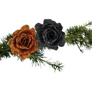 Kerstboomversiering bloemen op clip - 2x st - koper en zwart - 10 cm