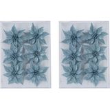 12x stuks decoratie bloemen rozen ijsblauw glitter op ijzerdraad 8 cm - Decoratiebloemen/kerstboomversiering/kerstversiering