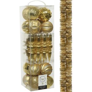 Decoris - kerstballen en slinger - 31x st - goud kunststof