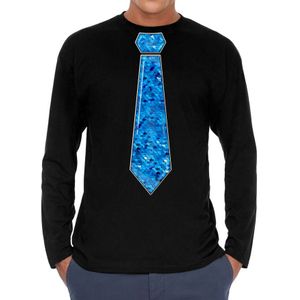 Bellatio Decorations Verkleed shirt heren - stropdas pailletten blauw - zwart - carnaval -longsleeve