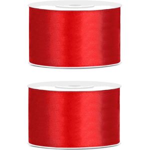 2x Hobby/decoratie rood satijnen sierlinten 3,8 cm/38 mm x 25 meter - Cadeaulint satijnlint/ribbon - Rode linten - Hobbymateriaal benodigdheden - Verpakkingsmaterialen