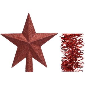 Kerstversiering kunststof glitter ster piek 19 cm en golf folieslingers pakket rood van 3x stuks - Kerstboomversiering