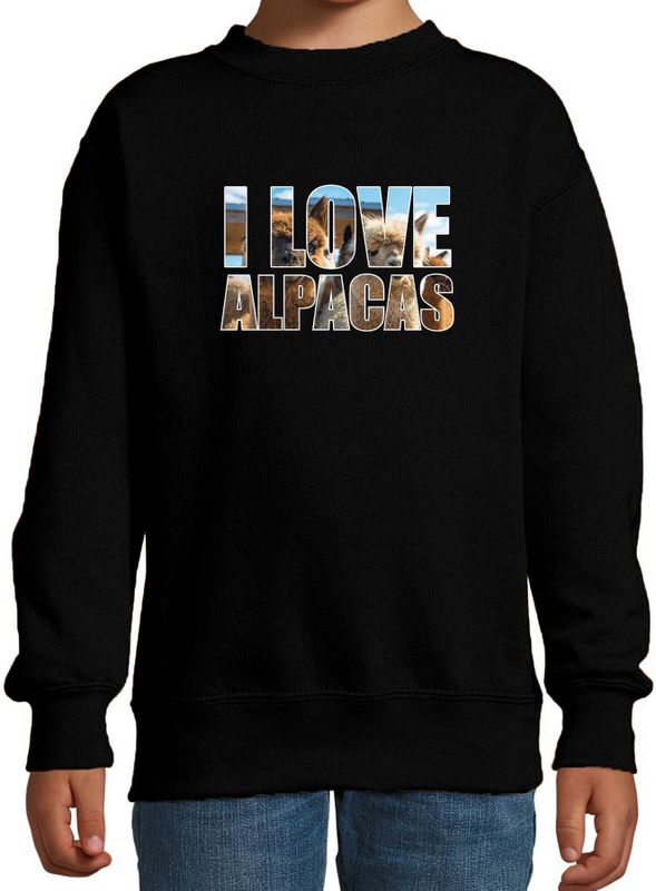 Tekst sweater I love alpacas met dieren foto van een alpaca zwart voor kinderen - cadeau trui alpacas liefhebber - kinderkleding / kleding