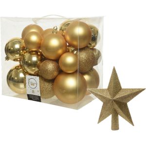 Kerstversiering kunststof kerstballen goud 6-8-10 cm pakket van 27x stuks - Met kunststof ster piek van 19 cm