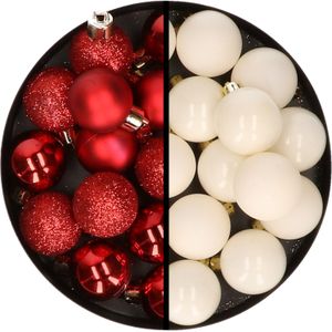 Kerstballen 36x stuks - 3 en 4 cm - rood en wol wit - kunststof