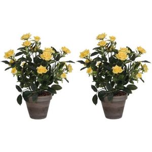2x Gele rozen kunstplant 33 cm in pot stan grey - Kunstplanten/nepplanten