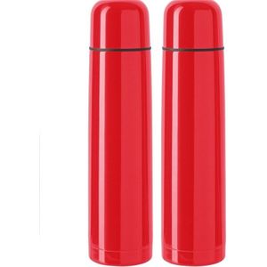2x RVS thermosflessen/isoleerkannen 1 liter rood - Thermoskan/warmhoudkan