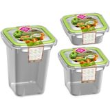 3x Voorraad/vershoudbakjes 0,25L, 0,5L en 0,75L transparant/groen plastic/kunststof - Kiev - Luchtdicht/hermetisch afgesloten vershouddoos bakje - Mealprep - Maaltijden bewaren