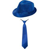 Carnaval verkleed set - hoedje en stropdas - blauw - volwassenen - glitters