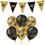 Leeftijd verjaardag feestartikelen pakket vlaggetjes/ballonnen 80 jaar zwart/goud - 12x ballonnen/2x vlaggenlijnen
