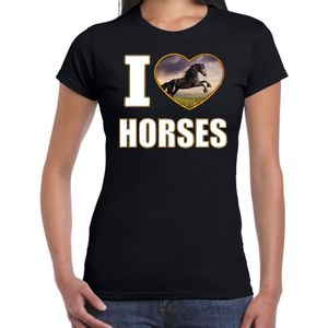 I love horses t-shirt met dieren foto van een zwart paard zwart voor dames - cadeau shirt paarden liefhebber