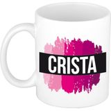 Crista  naam cadeau mok / beker met roze verfstrepen - Cadeau collega/ moederdag/ verjaardag of als persoonlijke mok werknemers