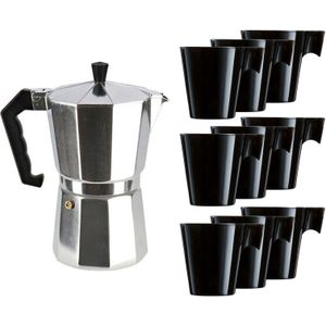 Zilveren percolator/espresso koffie apparaat met 9x zwarte kopjes - Koffiezetapparaat met mokken - Koffiepercolator