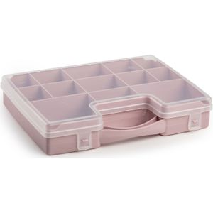 Opbergkoffertje/opbergdoos/sorteerbox 13-vaks kunststof oud roze 27 x 20 x 3 cm - Sorteerdoos kleine spulletjes