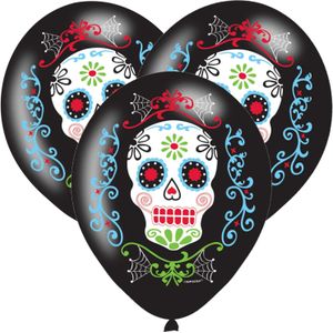 18x Zwarte horror ballonnen Day of the dead sugarskull print 27,5 cm - Halloween ballon decoratie en versiering