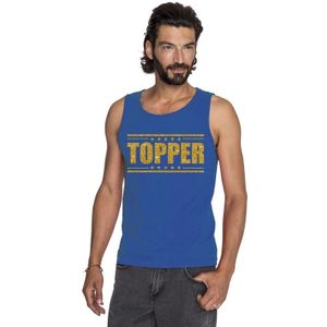 Blauw Topper mouwloos shirt/ tanktop in gouden glitter letters heren - Toppers dresscode kleding