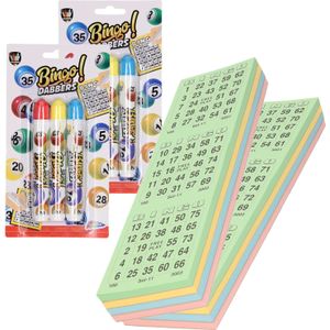 200x Bingokaarten nummers 1-75 inclusief 6x bingostiften blauw/geel/rood