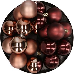 Kunststof kerstballen 6 cm - 24x stuks - bruin en mahonie bruin