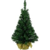 2x Groene kunst kerstbomen/kerstboompjes 90 cm met jute zak/kluit - Kerstversieringen/kerstdecoraties