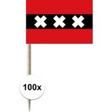100x Cocktailprikkers Amsterdam 8 cm vlaggetje stad decoratie - Houten spiesjes met papieren Ajax vlaggetje - Wegwerp prikkertjes