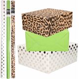 6x Rollen kraft inpakpapier/folie pakket - panterprint/groen/wit met zilveren stippen 200 x 70 cm - dierenprint papier