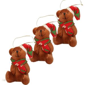 3x Kersthangers knuffelbeertjes bruin met gekleurde sjaal en muts 7 cm - Kerst hangdecoratie - Kerstboom versiering