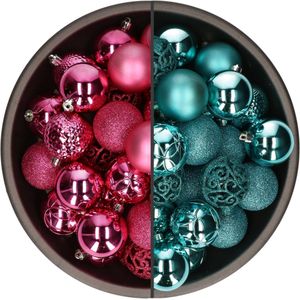 Bellatio Decorations Kerstballen mix - 74-delig - turquoise blauw en fuchsia - 6 cm - kunststof
