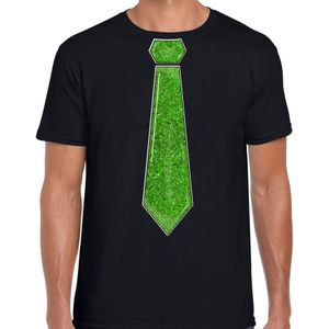 Bellatio Decorations Verkleed shirt heren - stropdas glitter groen - zwart - carnaval - foute party