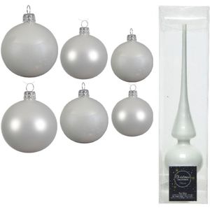 Groot pakket glazen kerstballen winter wit glans/mat 50x stuks - 4-6-8 cm incl piek glans 26 cm