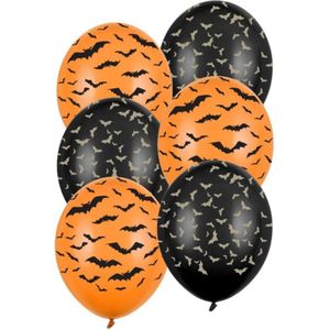 Set van 12x Halloween ballonnen vleermuis print zwart en oranje - Halloween thema feest versiering