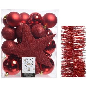 Kerstversiering kunststof kerstballen 5-6-8 cm met ster piek en glitter slingers pakket rood van 35x stuks - Kerstboomversiering