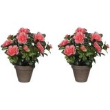 2x Groene Azalea kunstplanten perzikkleurige bloemen 27 cm in pot stan grey - Kunstplanten/nepplanten