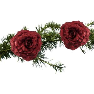 Kerstboom bloemen op clip - 2x stuks - rood glitter - kunststof - 18 cm