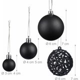 Relaxdays kerstballen - 50x st - zwart - 3, 4 en 6 cm - kunststof - mat/glans/glitter