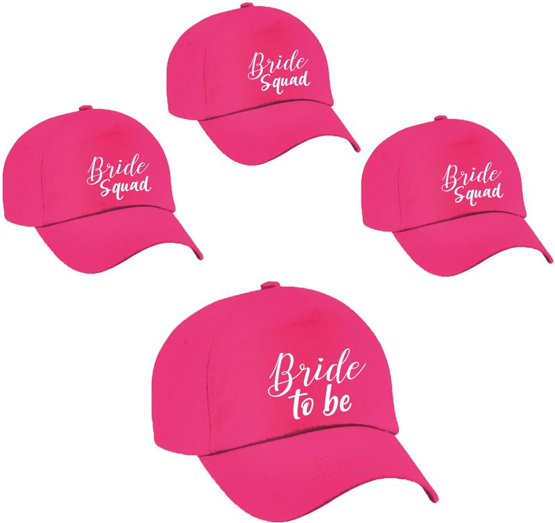 Vrijgezellenfeest dames petjes sierlijk - 1x Bride to Be roze + 5x Bride Squad roze - Vrijgezellen vrouw accessoires/ artikelen
