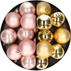 24x stuks kunststof kerstballen mix van lichtroze en goud 6 cm - Kerstversiering