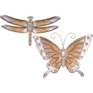 Set van 2x stuks metalen vlinder en libelle lichtbruin/brons 29 en 49 cm tuin decoratie - Tuindecoratie libellen en vlinders