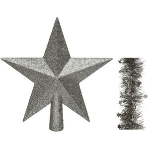 Kerstversiering kunststof glitter ster piek 19 cm en sterren folieslingers pakket antraciet van 3x stuks - Kerstboomversiering
