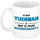 Ik ben tuinman wat is jouw superkracht mok / beker - wit met blauwe tekst - cadeau / verjaardag / beroepen