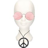 Hippie Flower Power verkleed set peace-teken ketting met ronde roze XL glazen zonnebril