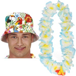 Carnaval verkleed set - Tropische Hawaii party - bucket hoedje - bloemenslinger lichtblauw - volwassenen