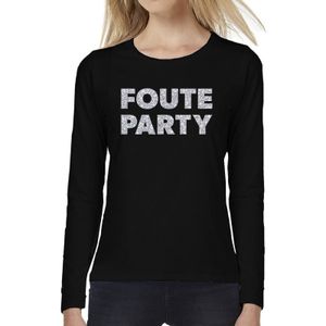 Foute Party zilver glitter t-shirt long sleeve zwart voor dames - Foute Partyshirt met lange mouwen