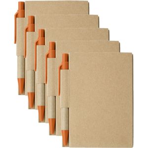 Notitie/opschrijf boekje met balpen - harde kartonnen kaft - beige/oranje - 5x8cm - 80blz gelinieerd - blocnotes