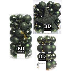 55x stuks kunststof kerstballen met ster piek donkergroen mix - Kerstversiering/kerstboomversiering