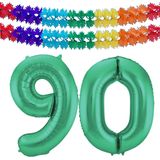 Folat folie ballonnen - Leeftijd cijfer 90 - glimmend groen - 86 cm - en 2x slingers