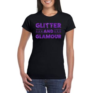 Toppers Zwart Glitter and Glamour t-shirt met paarse glitter letters dames - VIP/glamour kleding